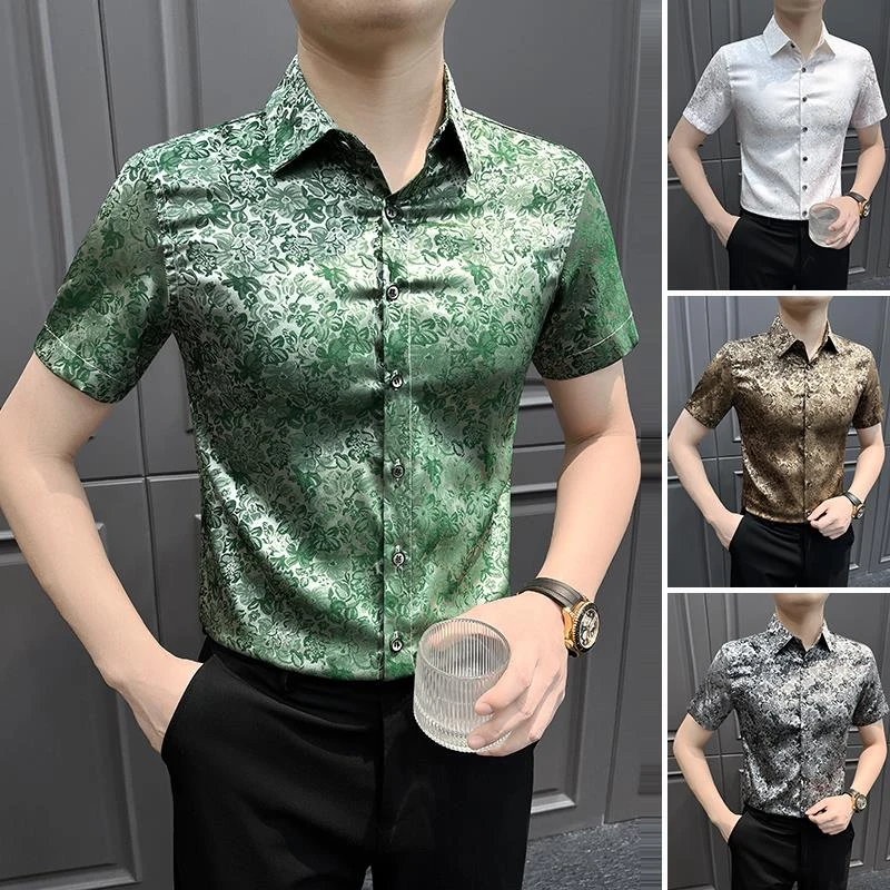 花衬衫男士短袖夏季男装2025新款冰丝潮流痞帅印花小碎花衬衣男款