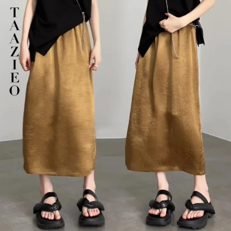 TAAZIEO金色醋酸缎面半身裙女2025夏季新款高腰新中式a字开叉中长
