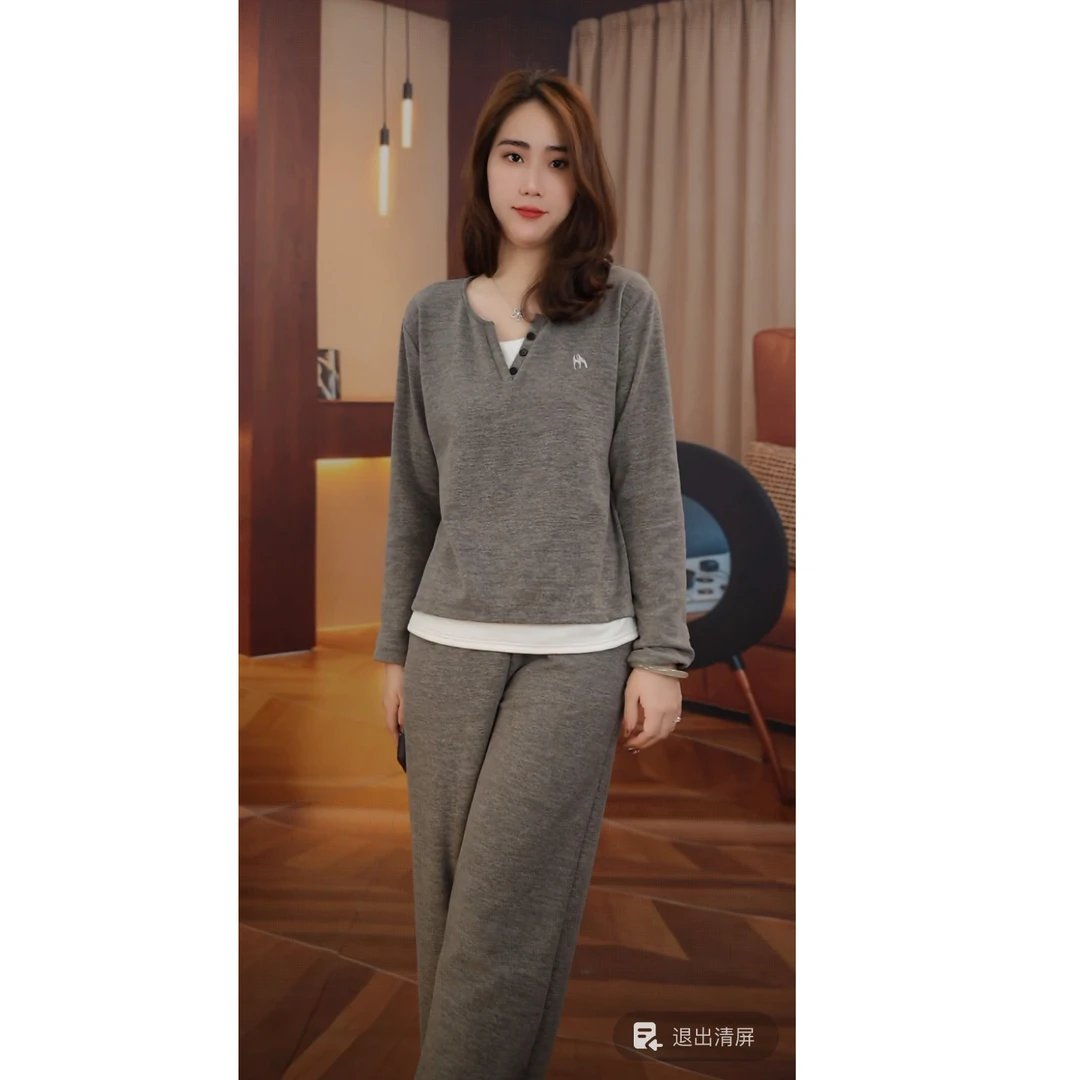 冬季加厚睡衣女新款爆款长袖长裤外穿家居服套装（撞色假两件）