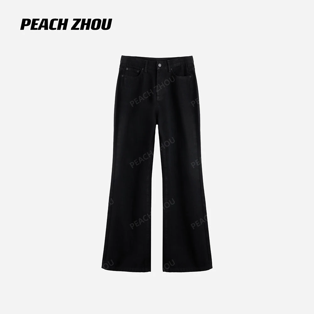 『PEACHZHOU』全棉赛络纺微喇纯黑色修身直筒休闲裤通勤百搭长裤女