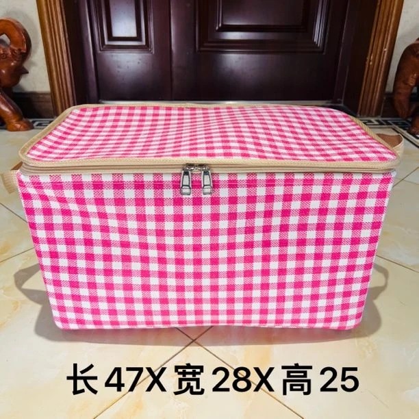 40升【双拉链带钢圈】亚麻 玫红格子 紫色（带盖）家用收纳筐