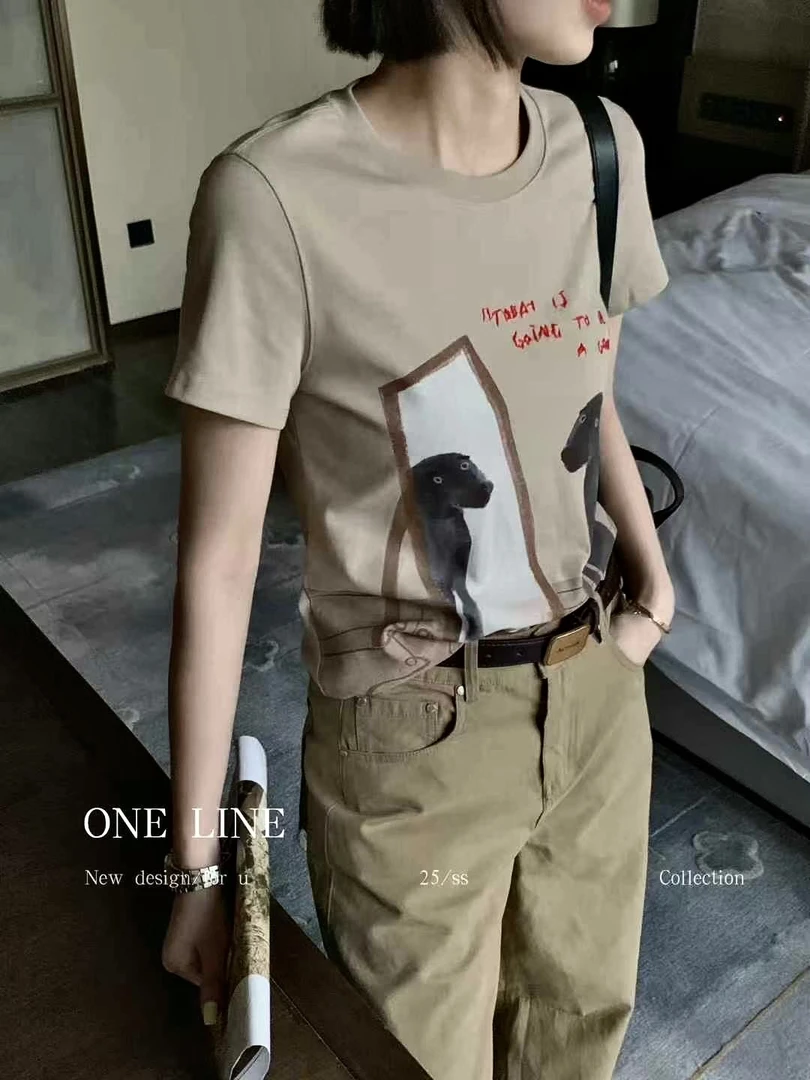 【SHUWO】深圳南油新款休闲卡通短袖T恤刺绣字母对镜小狗潮流圆领