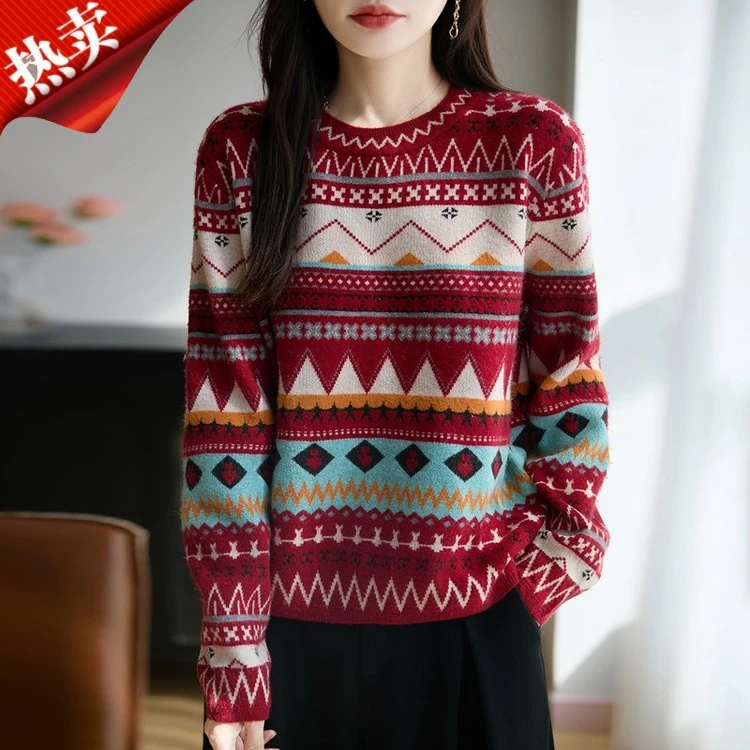 新款正品秋冬羊毛复古民族风针织毛衣宽松圆领长袖气质提花女上衣