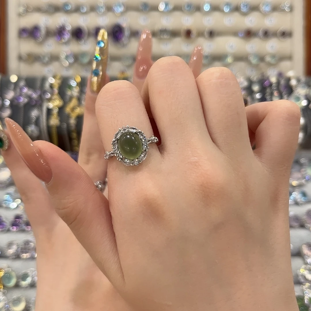 蛇纹石玉银S925镶嵌女款小****?戒指