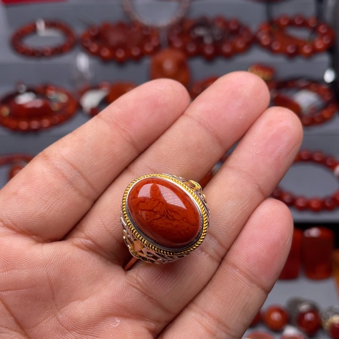 南红玛瑙银S925镶嵌珠宝奇石戒指