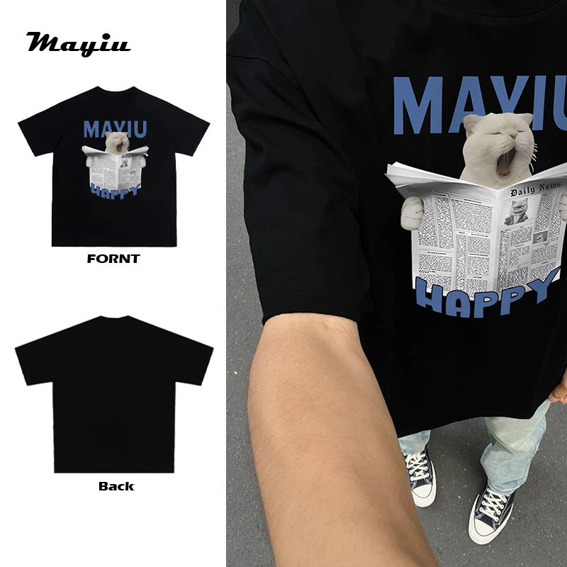 报纸小猫小众潮流时尚款2025夏季新款休闲短袖T恤男女情侣