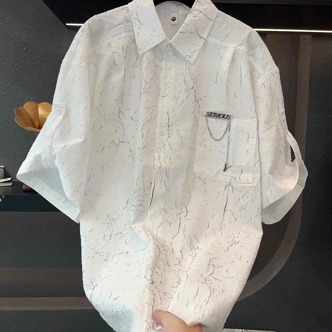 男士印花纹理夏季常规方领短袖衬衫设计感宽松丁达尔风