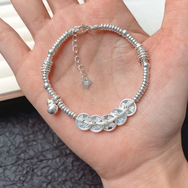 足银手链 足银999纯银手链五帝钱满圈盘缠葫芦银饰diy纯银饰品