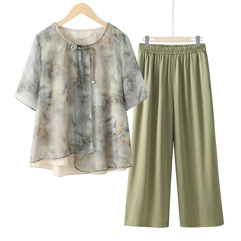 妈妈夏装2025新款套装中老年人女装时尚短袖奶奶洋气衣服雪纺T恤