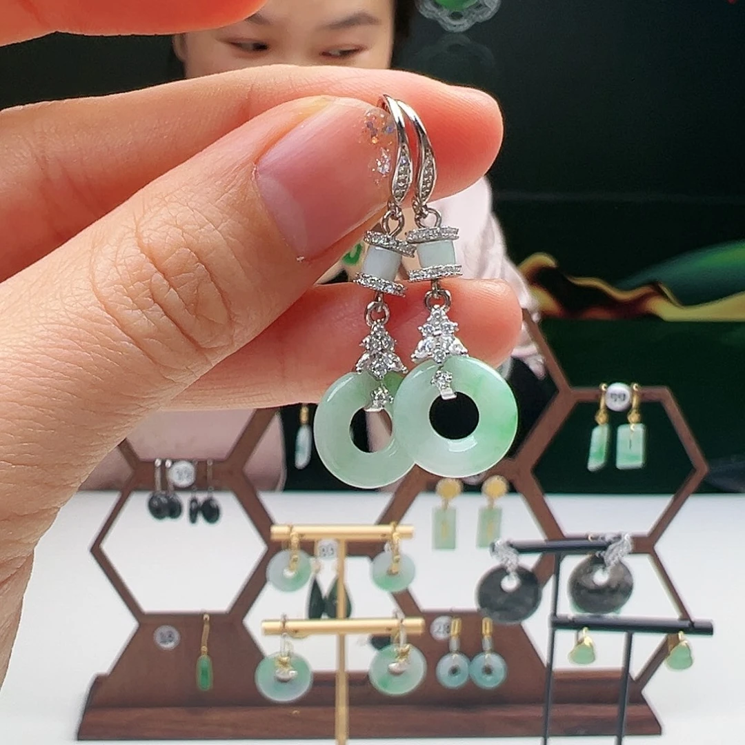 翡翠耳饰银S925镶嵌天然翡翠