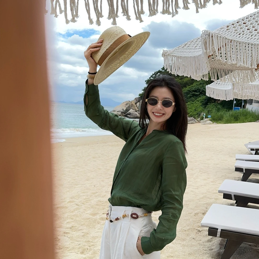 Yihouse【物语】苎麻衬衫韩系V领长袖薄款防晒显白衬衫女款Y902