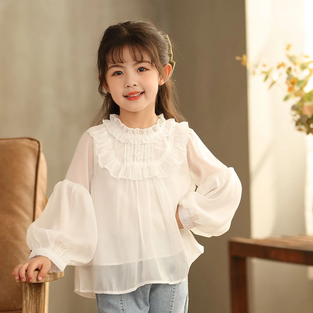 潮流新衬衣女童6-12岁女童长袖衬衫秋季韩版女孩可爱泡泡袖白色上