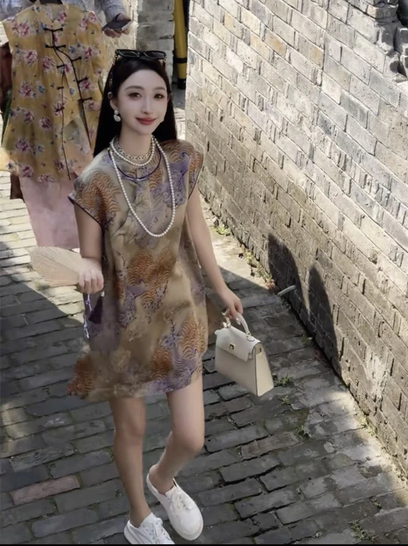 新中式国风复古凤凰于飞印花落肩袖双侧开叉盘扣上衣短裙1005