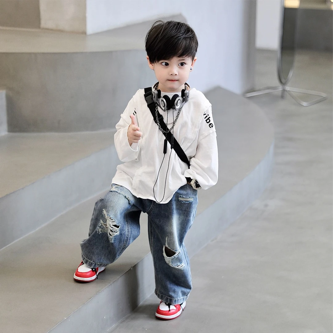 童装2024春秋季新款韩版字母拼接打底衫复古破洞牛仔裤潮流两件套