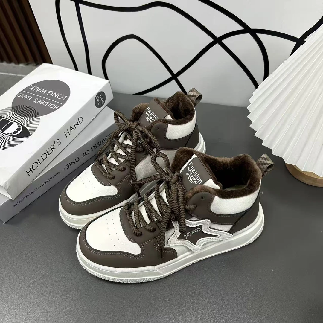 MIS-1173棕色熊猫加绒厚底小白鞋女2025秋冬新款休闲松糕单鞋