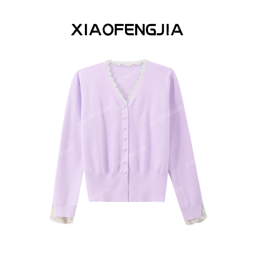 法式慵懒风百搭针织衫秋季氛围感蕾丝针织衫开衫衫上衣法式