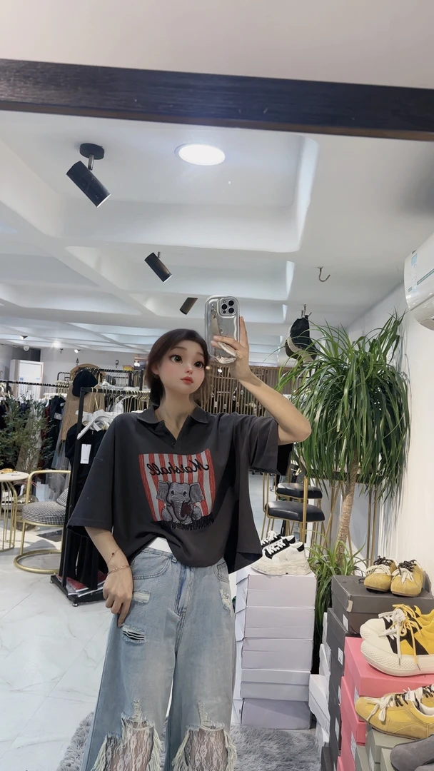 翻领大象图短款T恤闺蜜女装
