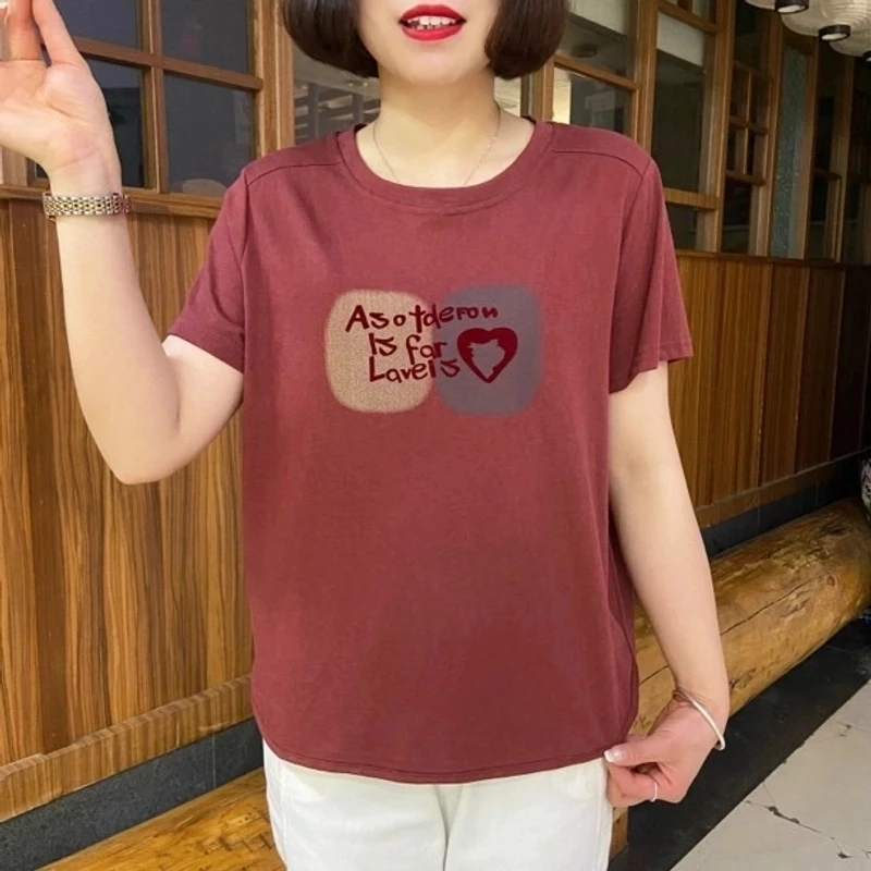 2025百搭女冰丝圆领T恤休闲宽松大码夏装妈妈装显瘦遮肉休闲