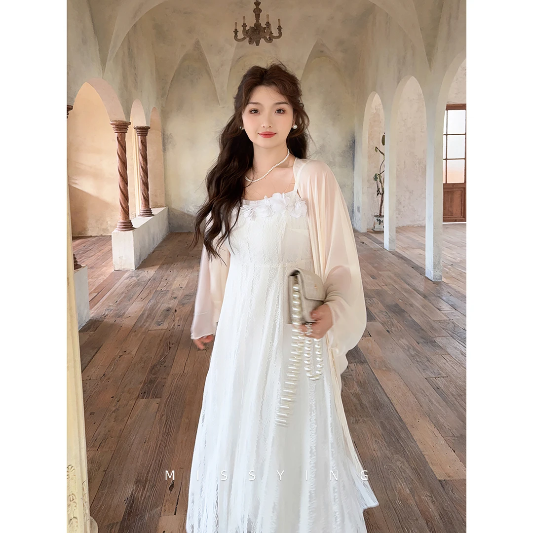 应小姐【白色恋人】微胖大码春季法式显瘦蕾丝洋气碎花连衣裙吊带裙