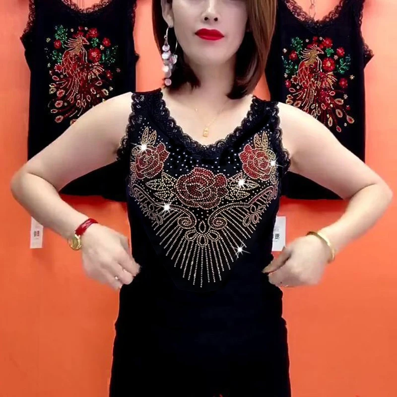 凤凰彩钻背心女夏季大码蕾丝花边V领无袖上衣弹力百搭遮肚小衫