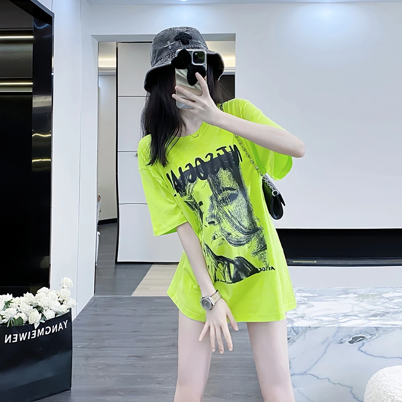 绿色短袖女t恤夏季2025新款NOCI欧货大版洋气中长款潮牌宽松体恤