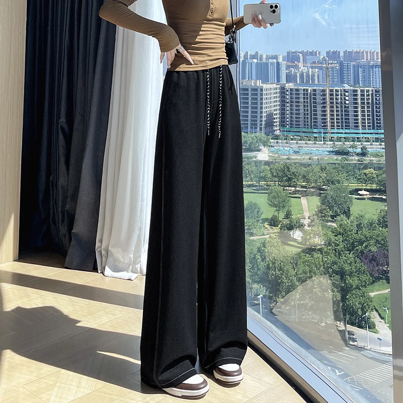 垂感阔腿牛仔裤春秋2025新款高腰显瘦抽绳休闲直筒拖地裤运动裤子