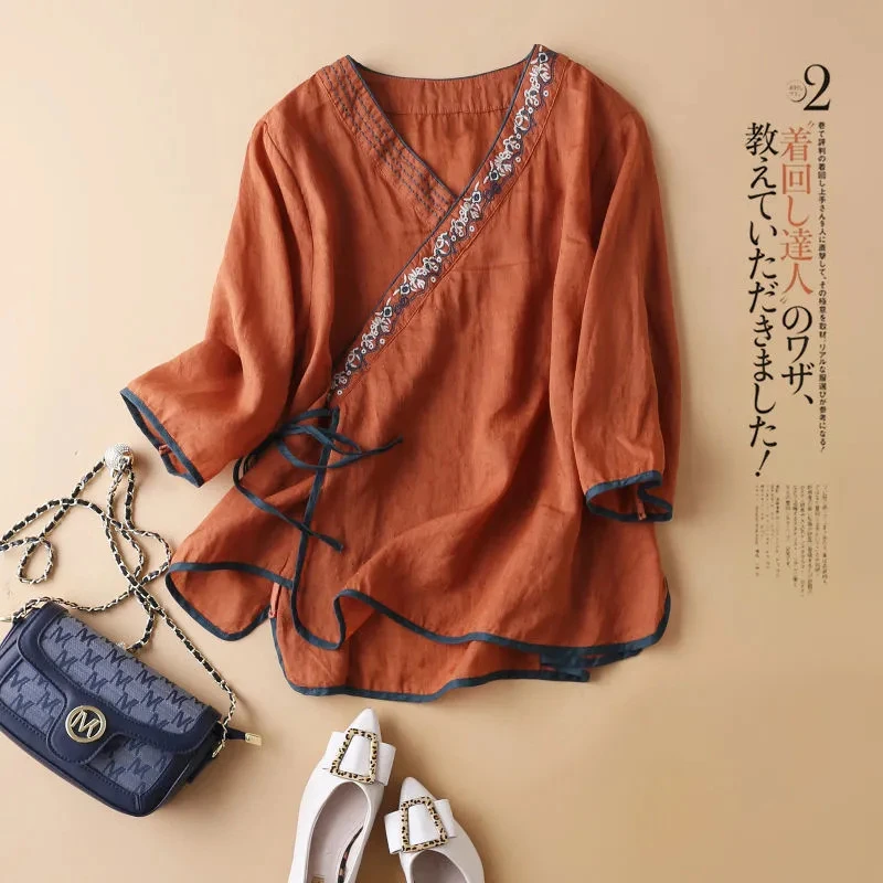 棉麻短袖女士2025夏季新款文艺中国风上衣V领刺绣五分袖套头T恤