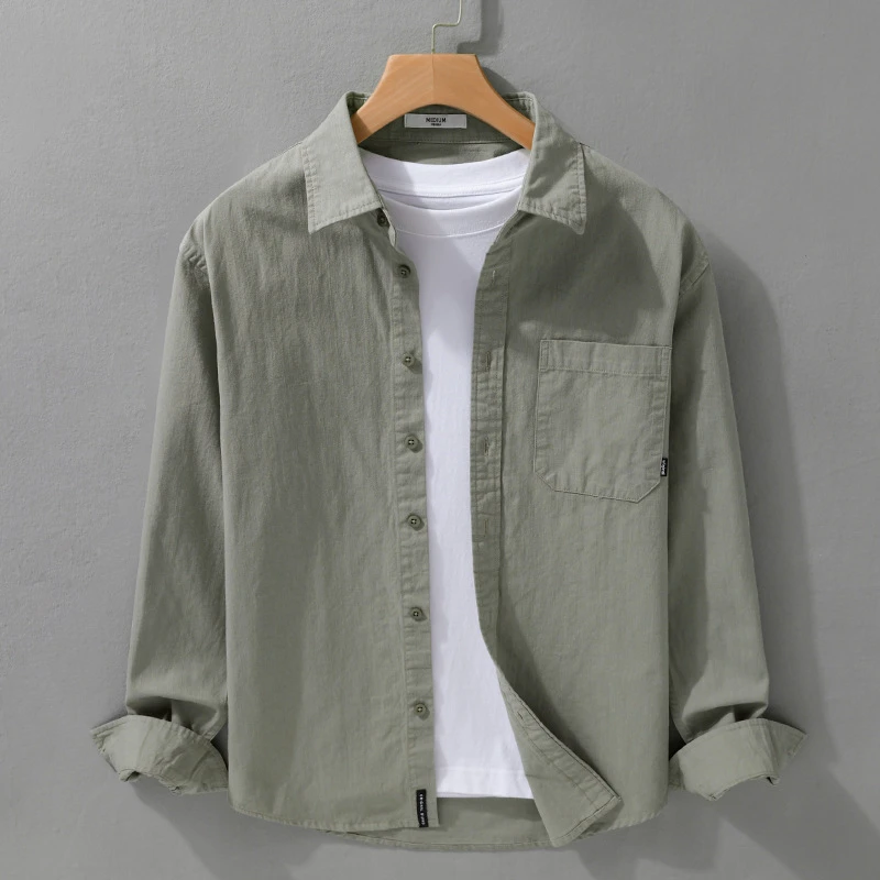 6129春秋季简约百搭男装长袖衬衫休闲宽松男士日系纯色青年衬衣