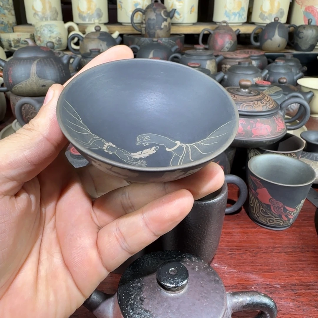 印****陶瓷建水紫陶内刻杯