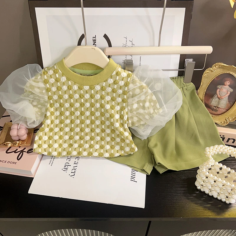 【甜甜baby】潮流女童甜美风泡泡袖短袖T恤上衣百搭短裤套装洋气