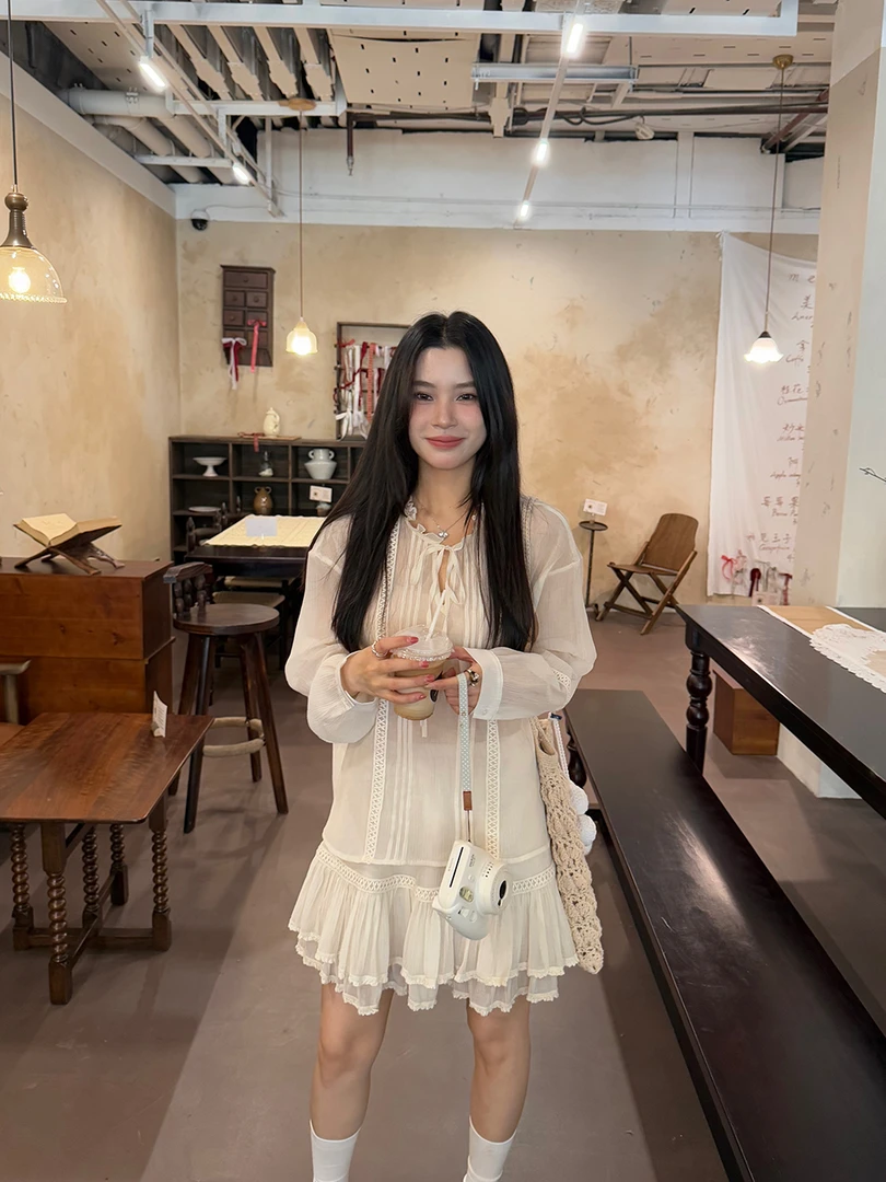 ONEXH·2025春季褶皱花边领系带长袖薄衬衣气质衬衫+蕾丝边蛋糕裙