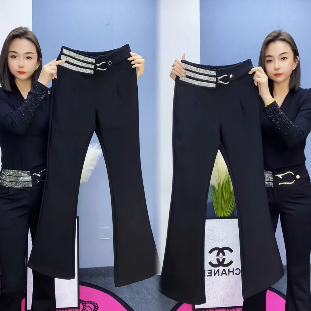 秋季新款显瘦百搭高腰重工艺镶钻腰黑色微喇叭裤女时尚外穿长裤潮