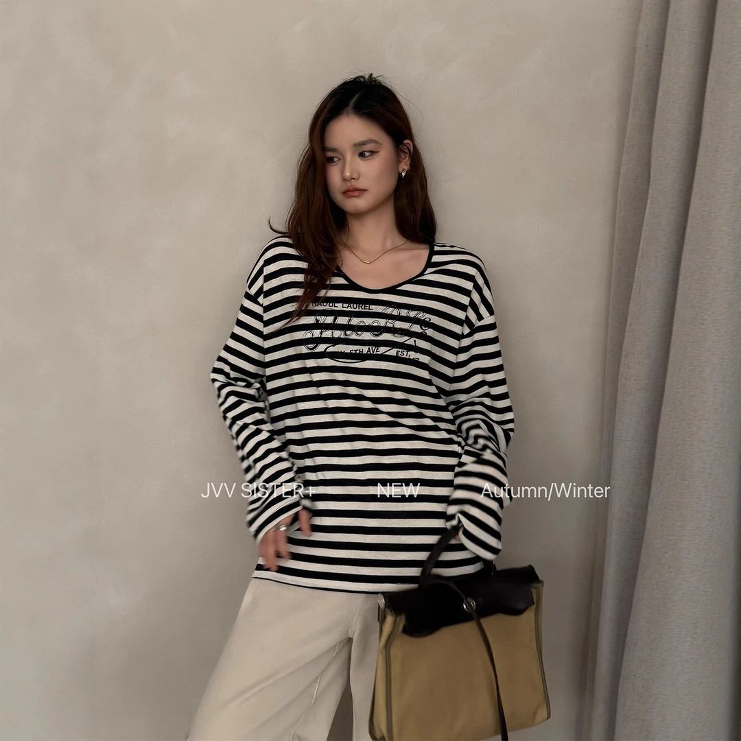 JVV十三行2025冬季新款时尚条纹显瘦上衣宽松长袖休闲T恤女90833
