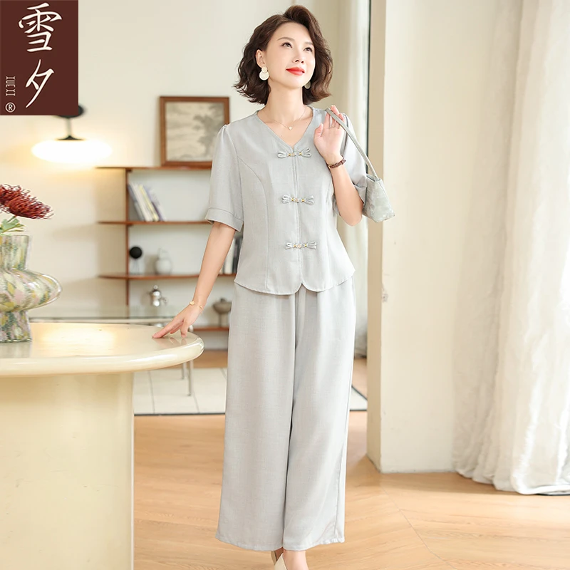 妈妈装夏套装2025新款短袖T恤衫上衣中老年女夏季新中式气质小衫