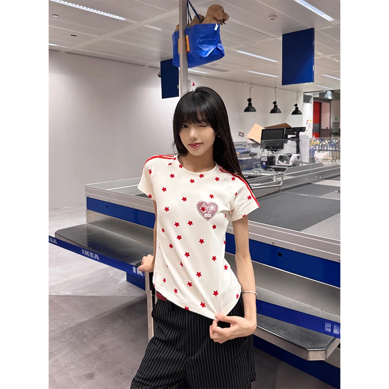 URKR美式复古满印星星印花正肩T恤女夏季辣妹修身显瘦短袖圆领