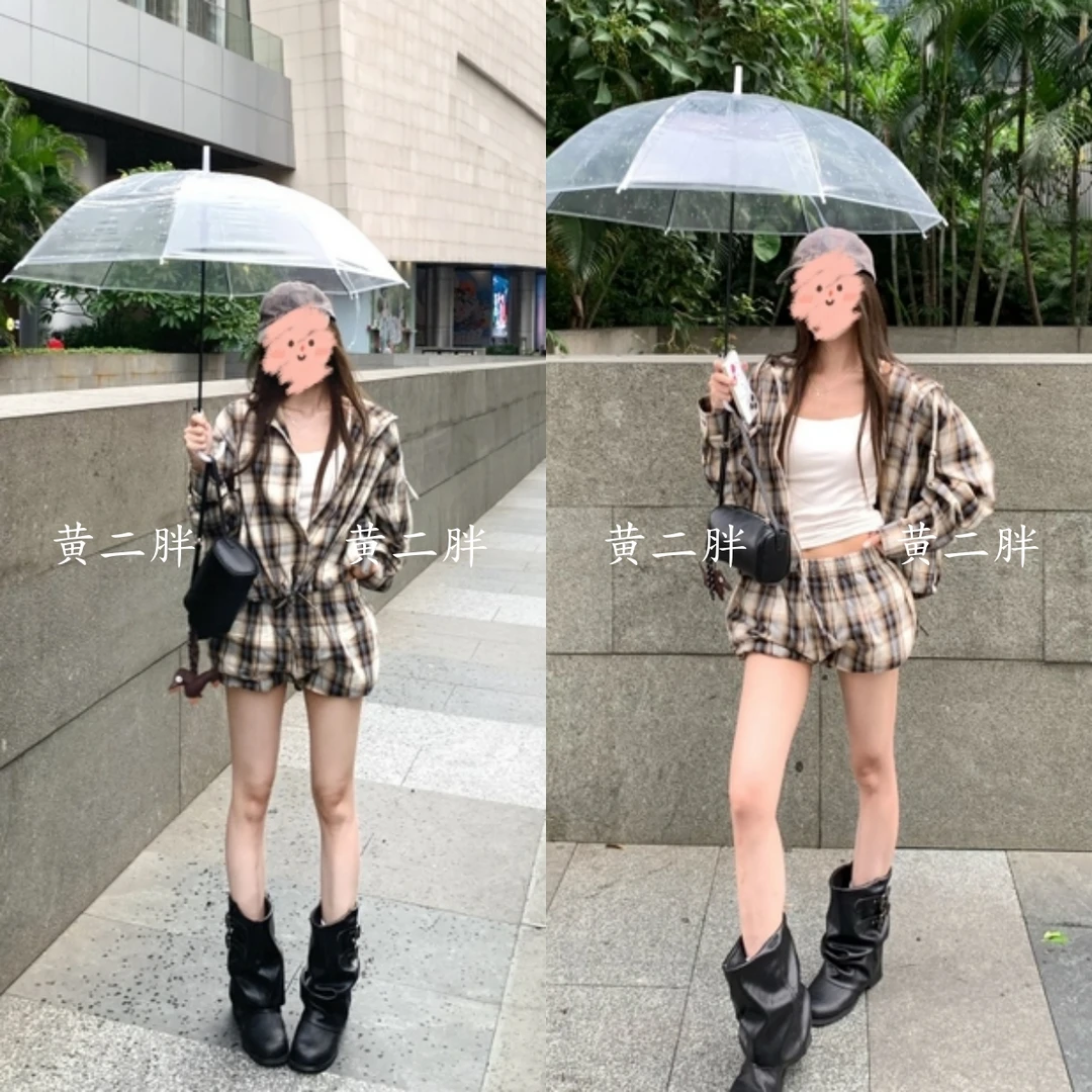 格纹连帽短款抽绳长袖衬衫女夏季新款宽松防晒上衣+短裤子两件套