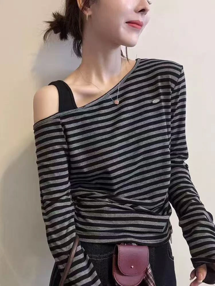 撞色条纹T恤休闲条纹露肩修身长袖抗皱圆领修身型
