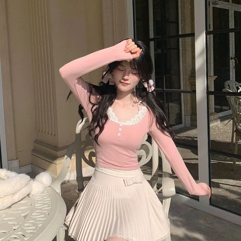 纯欲可爱甜辣蕾丝修身弹力上衣花边显瘦女秋季多巴胺辣妹粉色日系