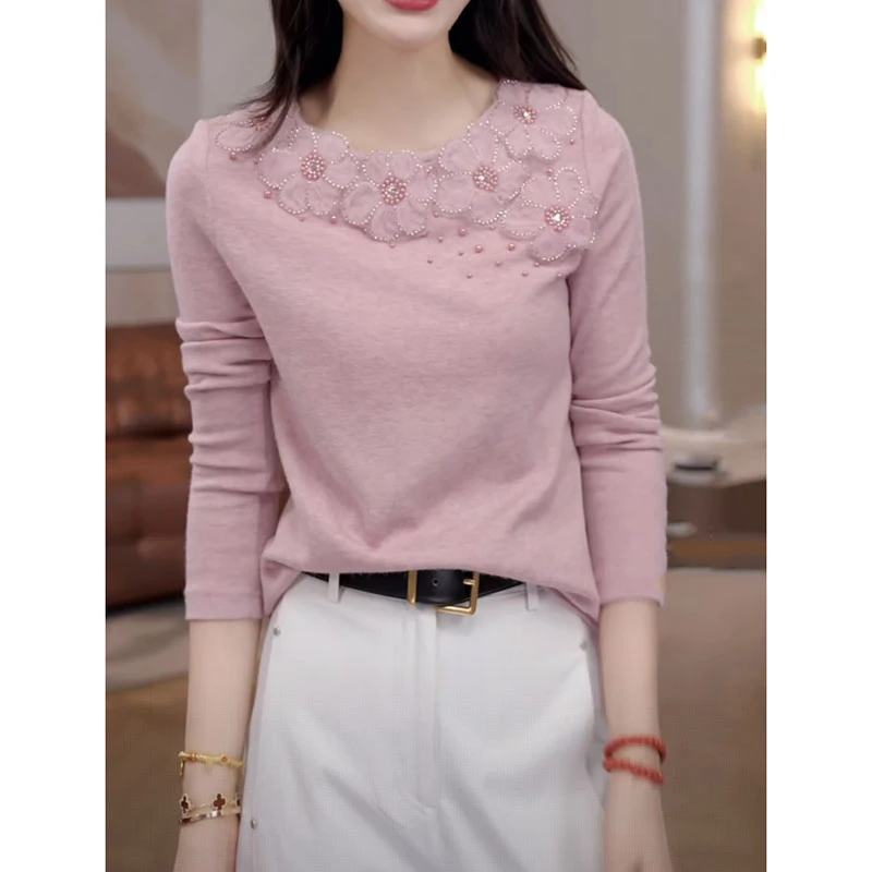 秋冬新款气质钉珠立体花朵长袖针织衫女高级感显瘦小香风上衣3781