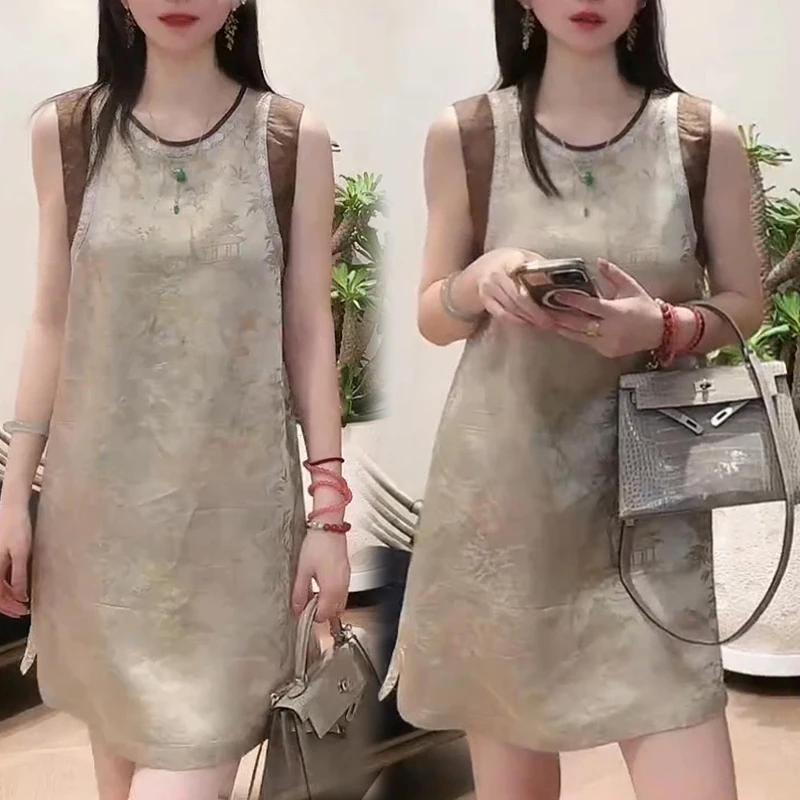 新中式高级感拼接无袖连衣裙2025年夏季新款大码时尚气质显瘦裙子