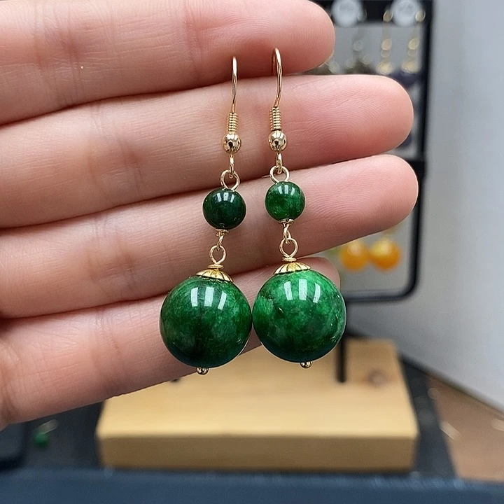 翡翠银S925镀金镶嵌耳饰14mm