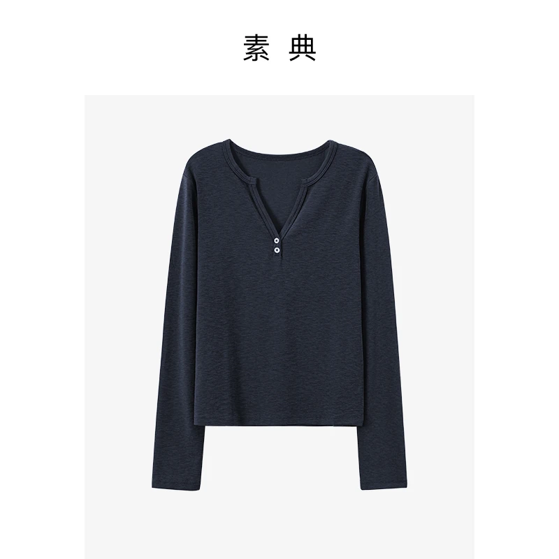 素典【云朵打底】秋季V领长袖休闲修身T恤显瘦常规百搭纯色打底5306