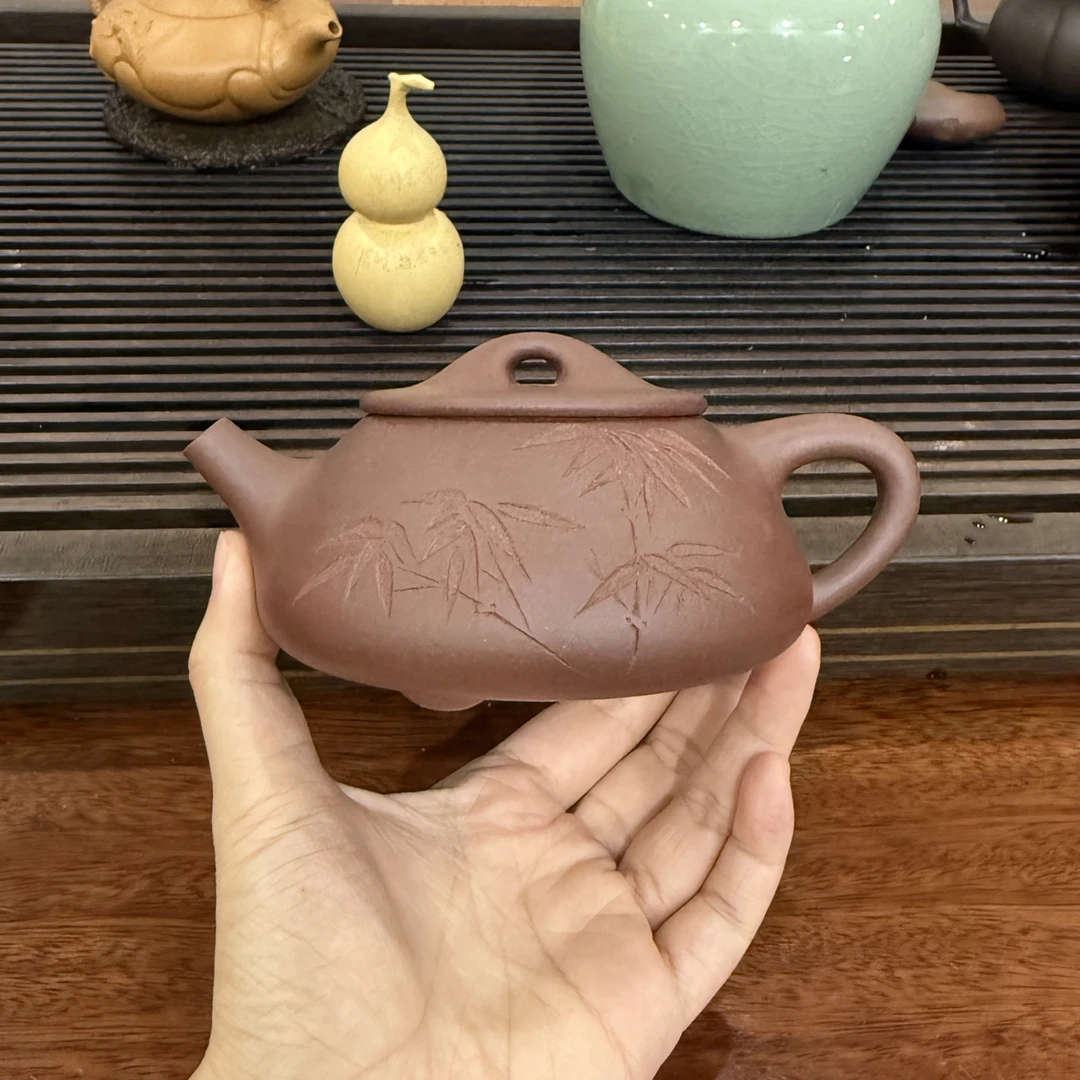 【景舟石瓢•原矿紫泥】300cc半手工紫砂壶竹叶刻绘