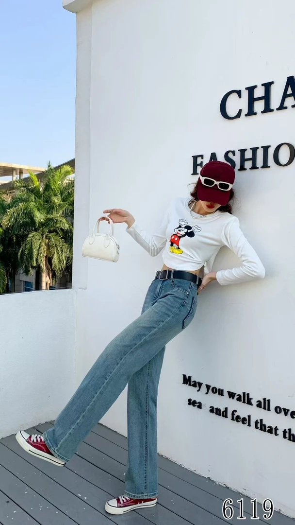 6119蓝色长裤显瘦春秋性感风做旧夏季牛仔裤高腰时尚百搭宽松