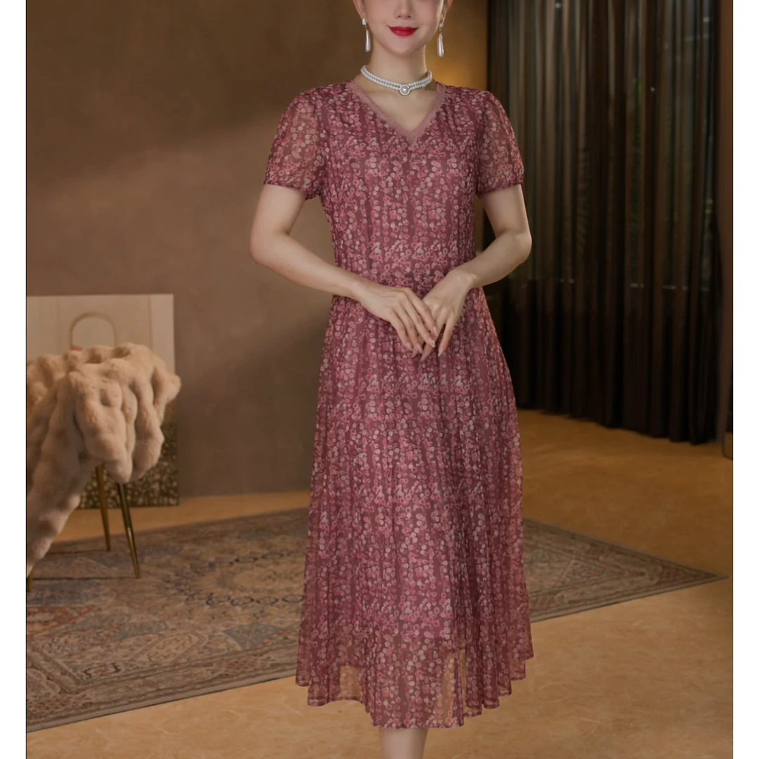 【香妮芬】83308高档弹力台湾纱妈妈连衣裙女夏季新款显瘦大码