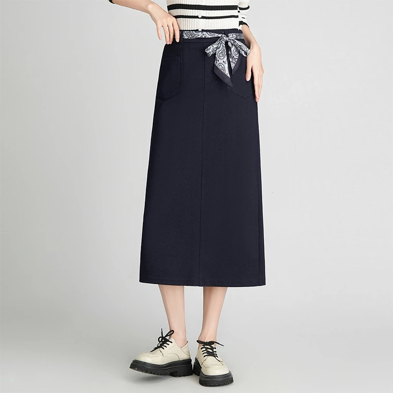 藏青色半身裙女秋季2025新款丝巾腰带a字中长裙西装直筒裙