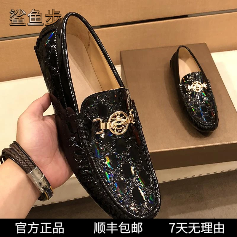 鲨鱼步小蜜蜂漆皮乐福鞋一脚蹬休闲皮鞋2025新款潮流真皮男士百搭