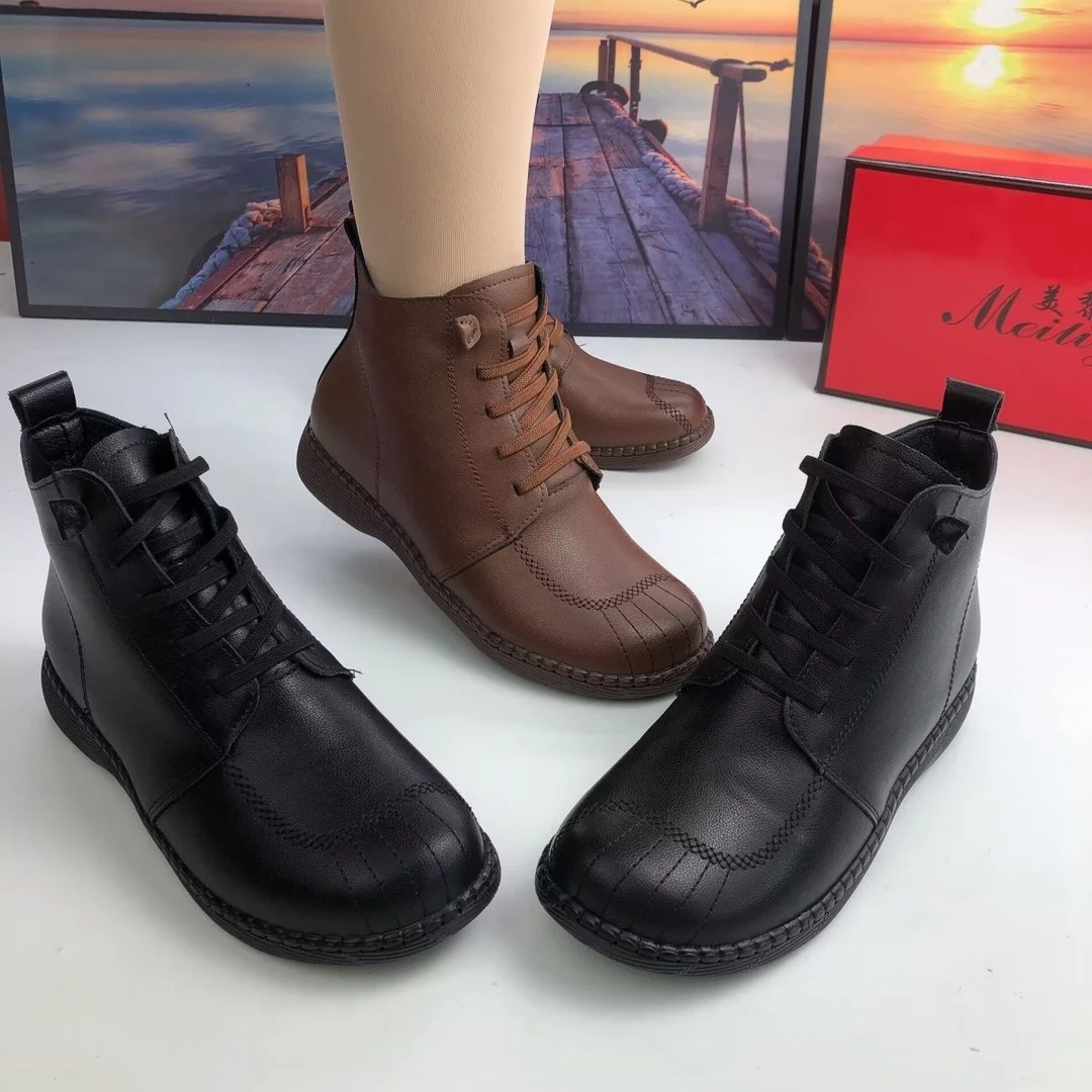 头层牛皮短靴女秋冬棉皮鞋真皮加绒女靴妈妈鞋平底女鞋秋冬加绒靴