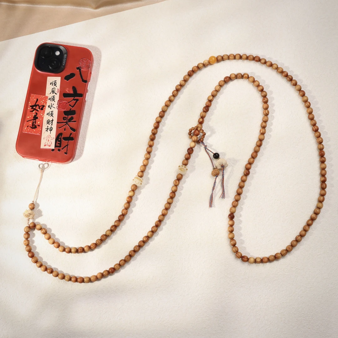 天然崖柏8mm菩提猫咪斜挎手机链可背手机挂绳新中式