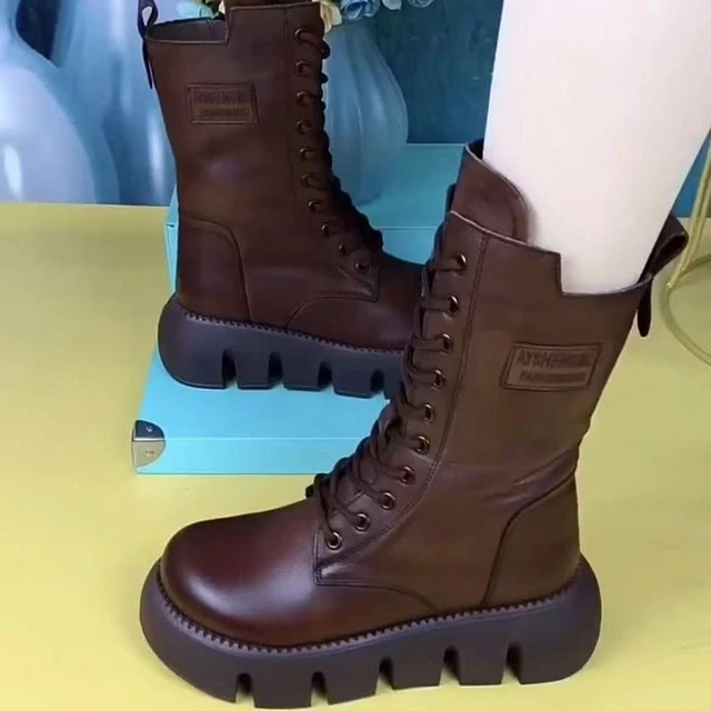 中筒马丁靴女英伦风厚底松糕底头层牛皮女靴羊毛棉鞋复古真皮短靴